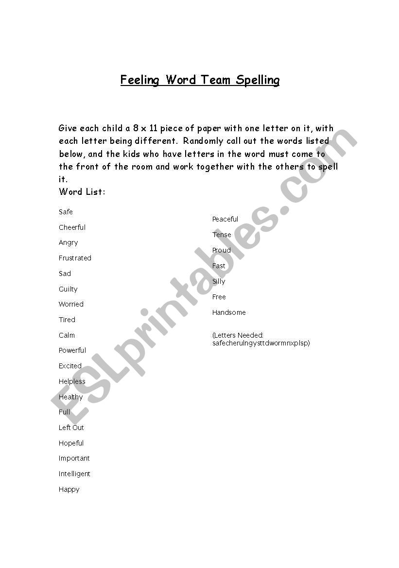 Feeling Word Team Spelling worksheet