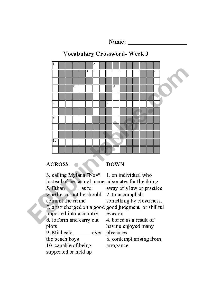 Grade 8 vocab crossword worksheet