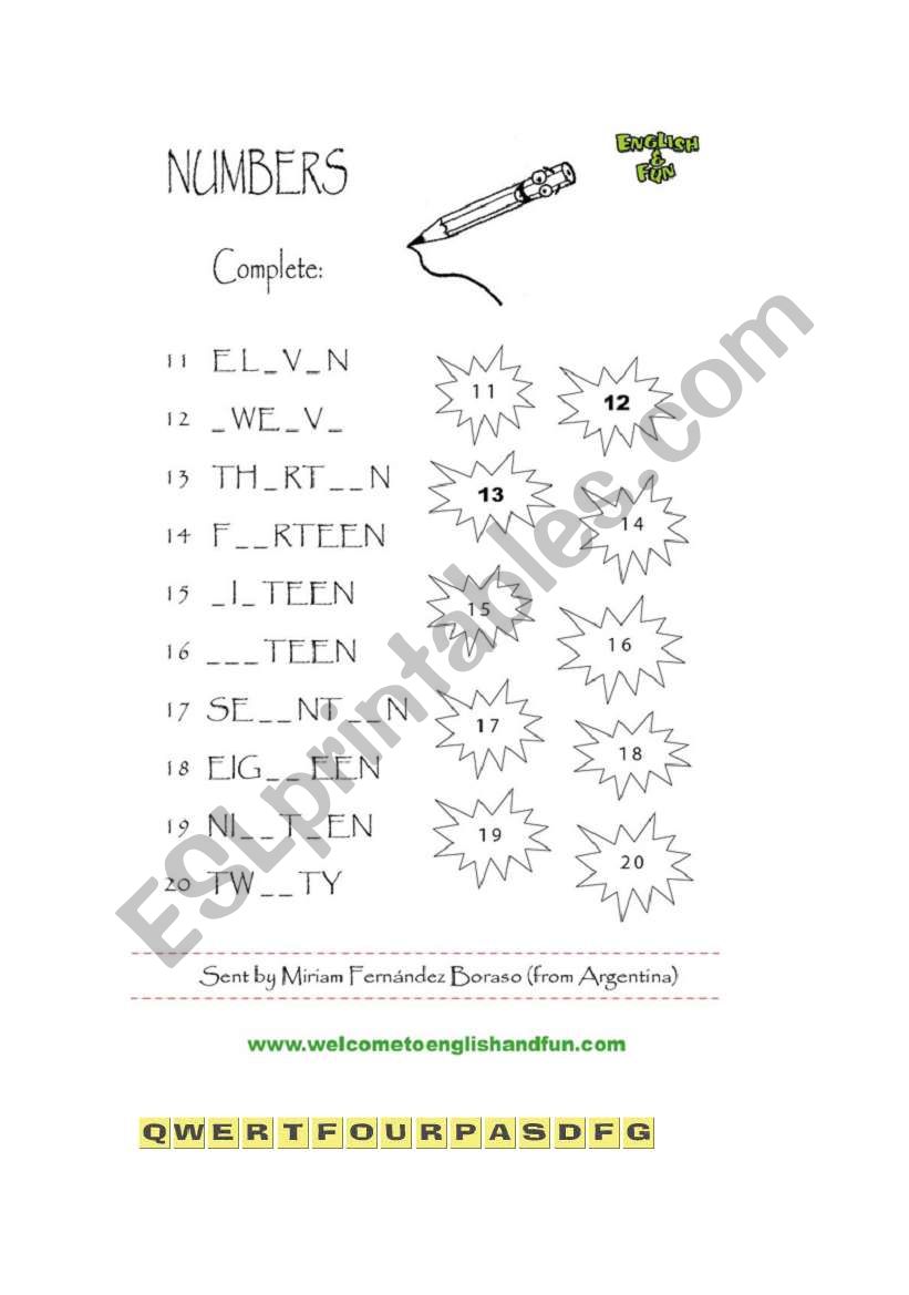 English Worksheets Numeros Del 11 Al 20