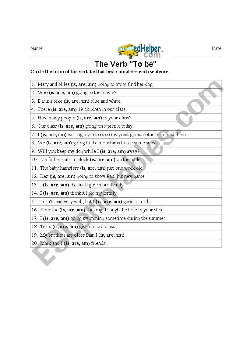 verb to be(is, am ,are) worksheet