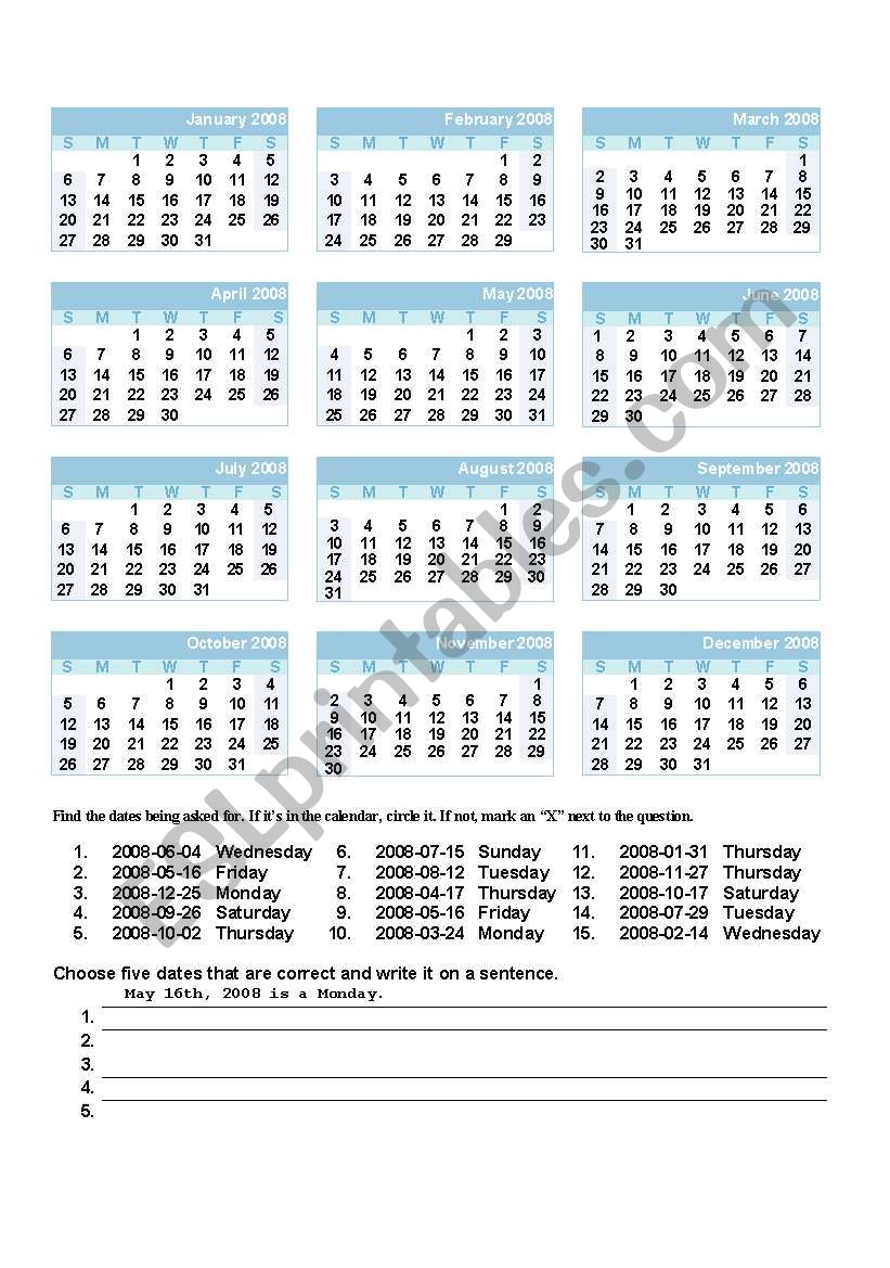 CALENDAR MONTHS DATES worksheet