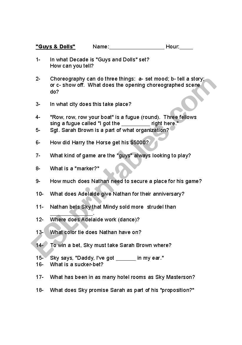 Guys and Dolls worksheet