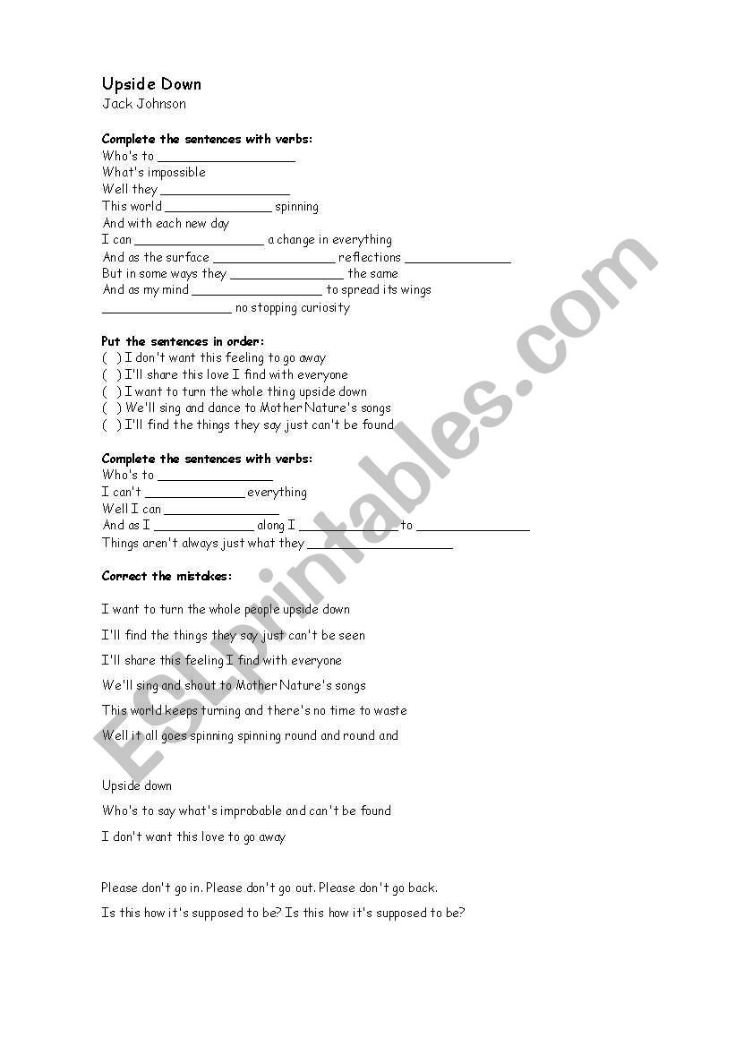 Song Upside Down By Jack Johnson ESL Worksheet By Marah78