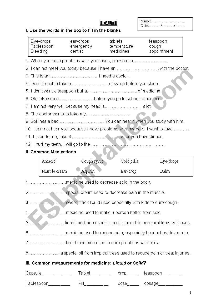 Health worksheet