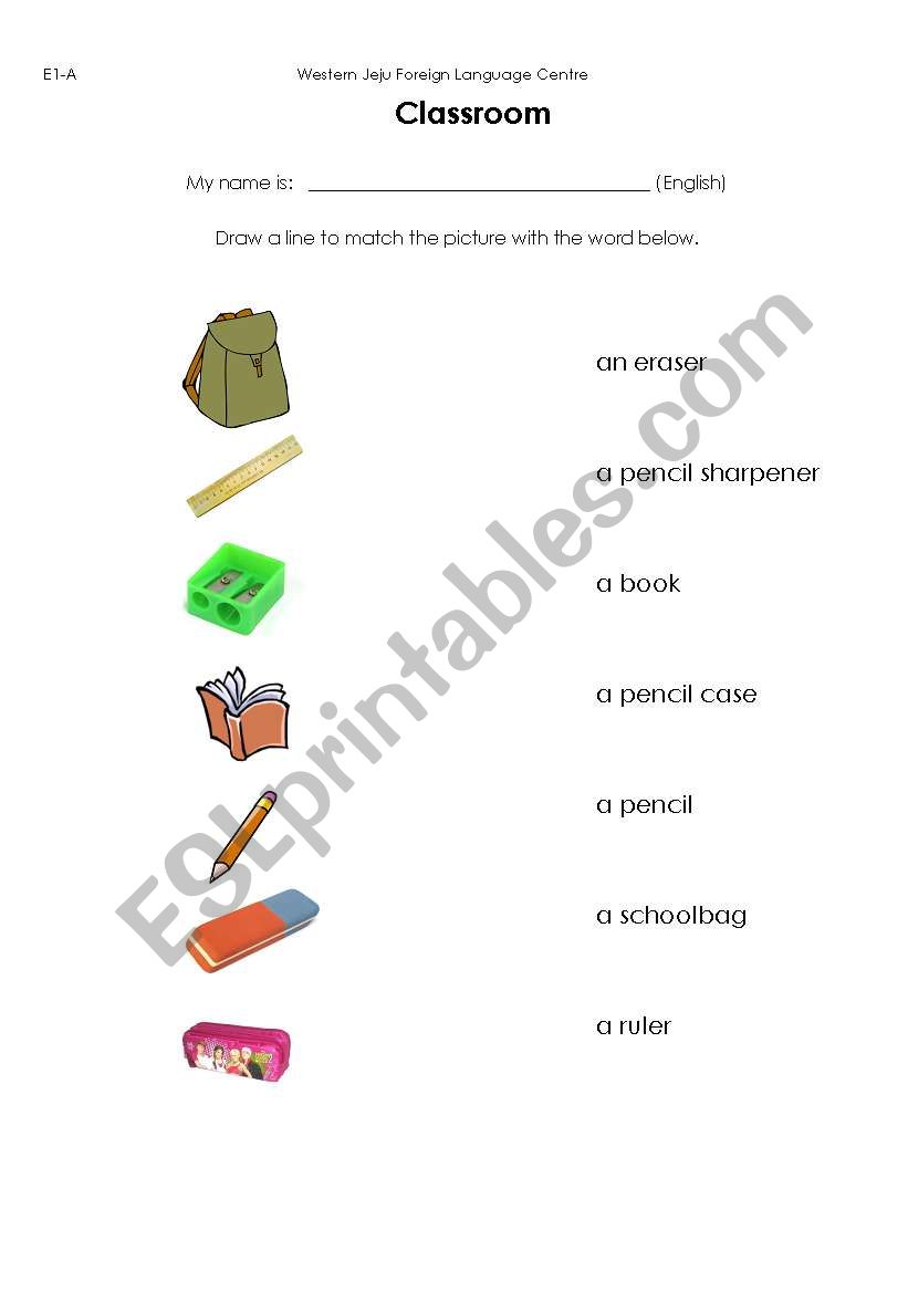 Classroom Objects - Matching worksheet