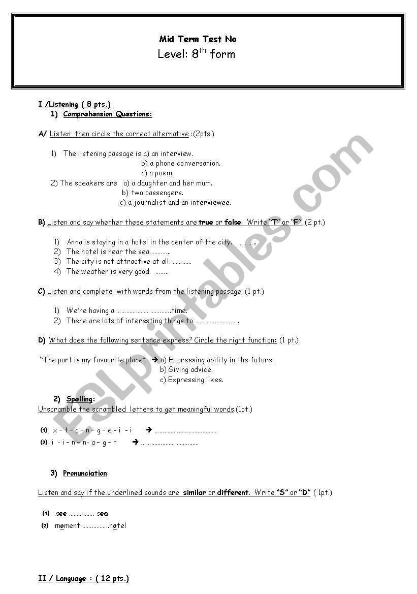 Mid term test n 1 worksheet