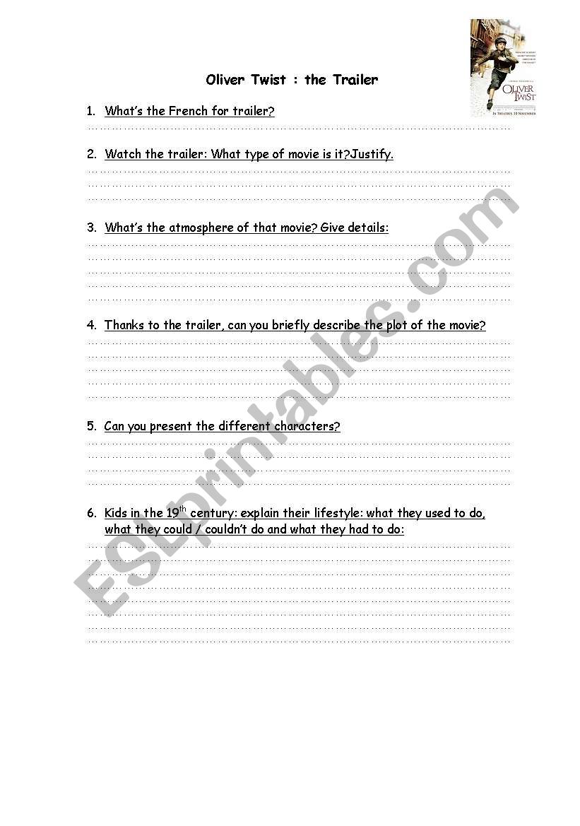 Oliver Twist Trailer worksheet