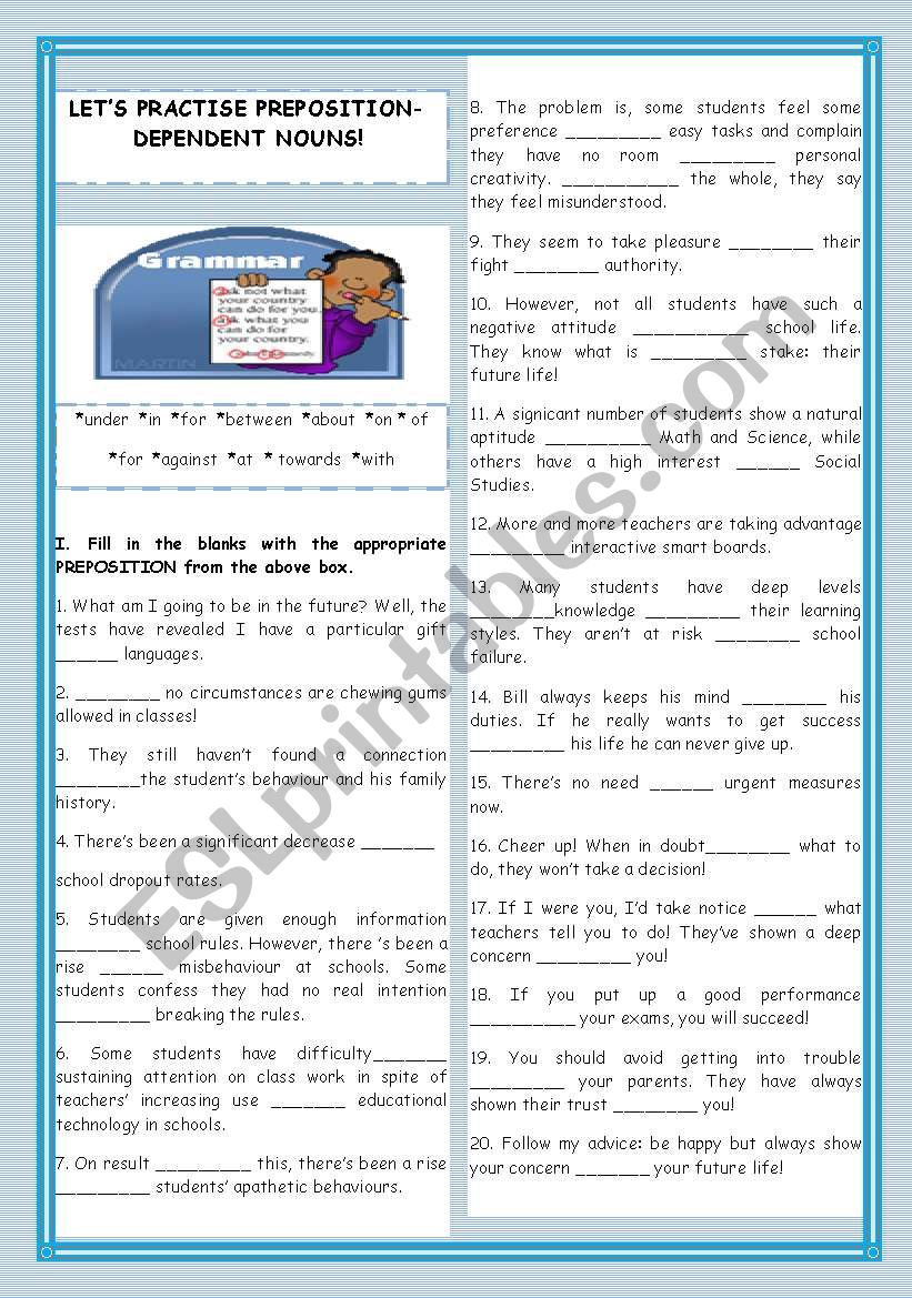 LET´S PRACTISE PREPOSITION-DEPENDENT NOUNS! - ESL worksheet by teresapr