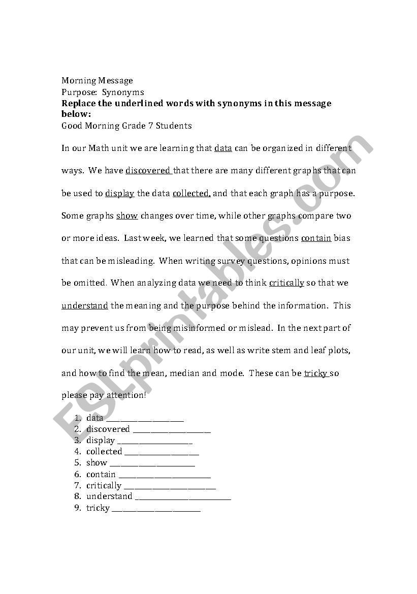 english-worksheets-morning-message-synonyms