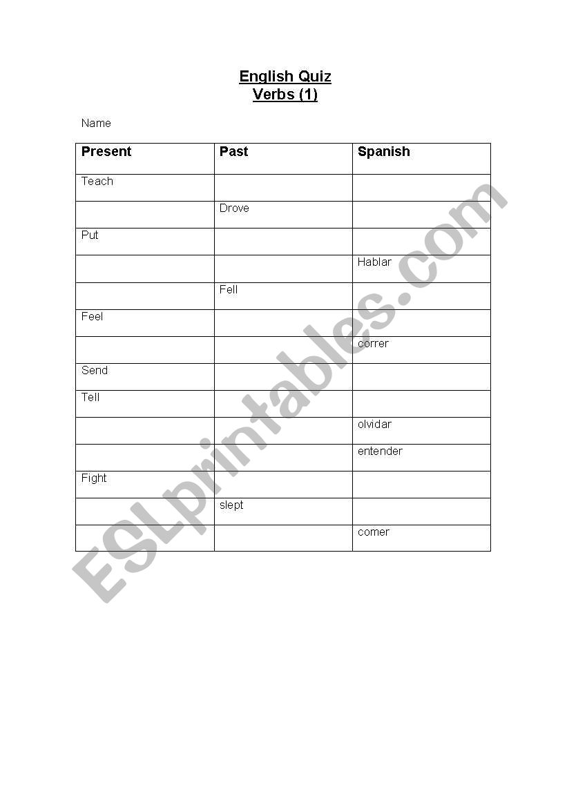 Irregular verb quiz worksheet