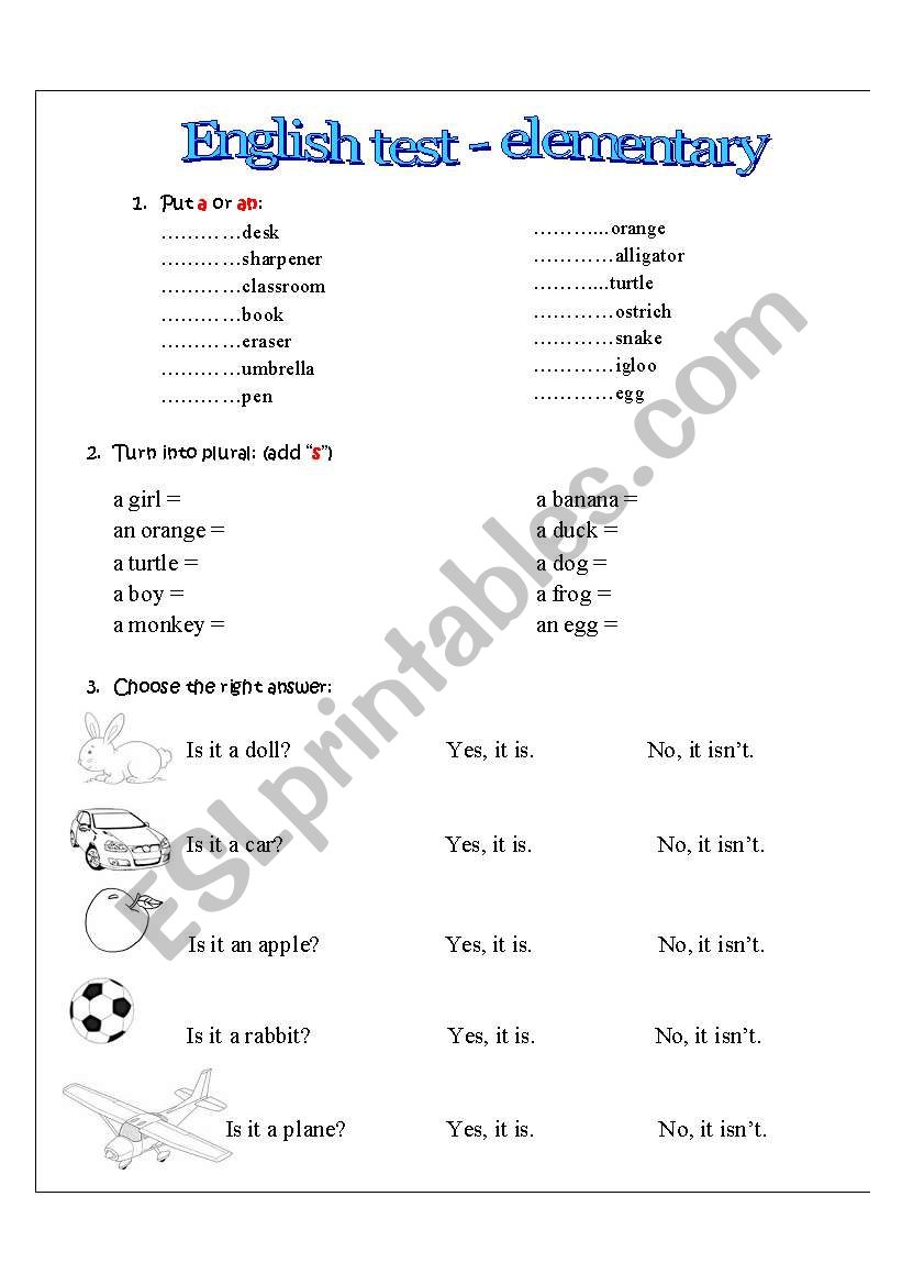 elementary test worksheet