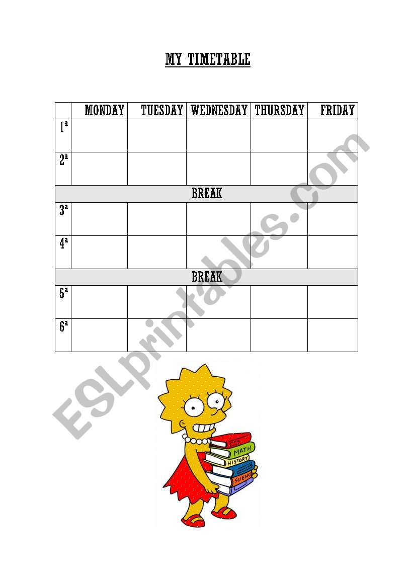 My timetable worksheet