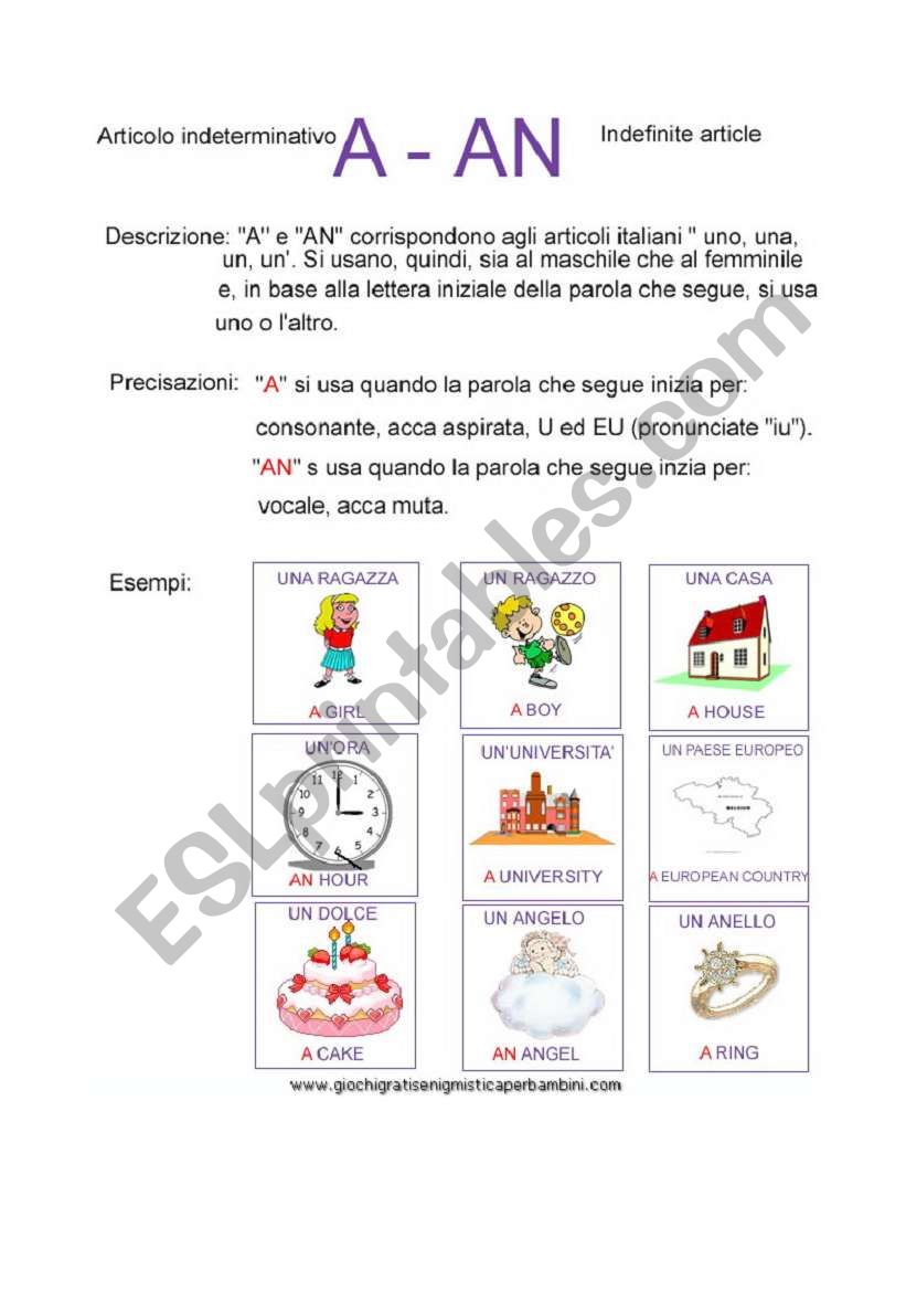 use of the articles a- an worksheet