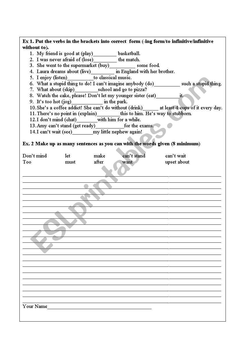 -ing form vs infinitives worksheet