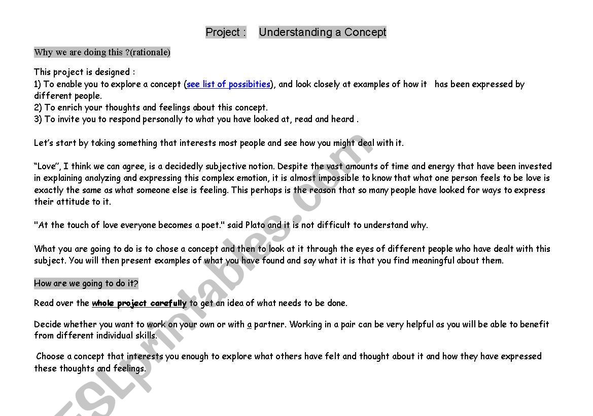 The concept Project worksheet