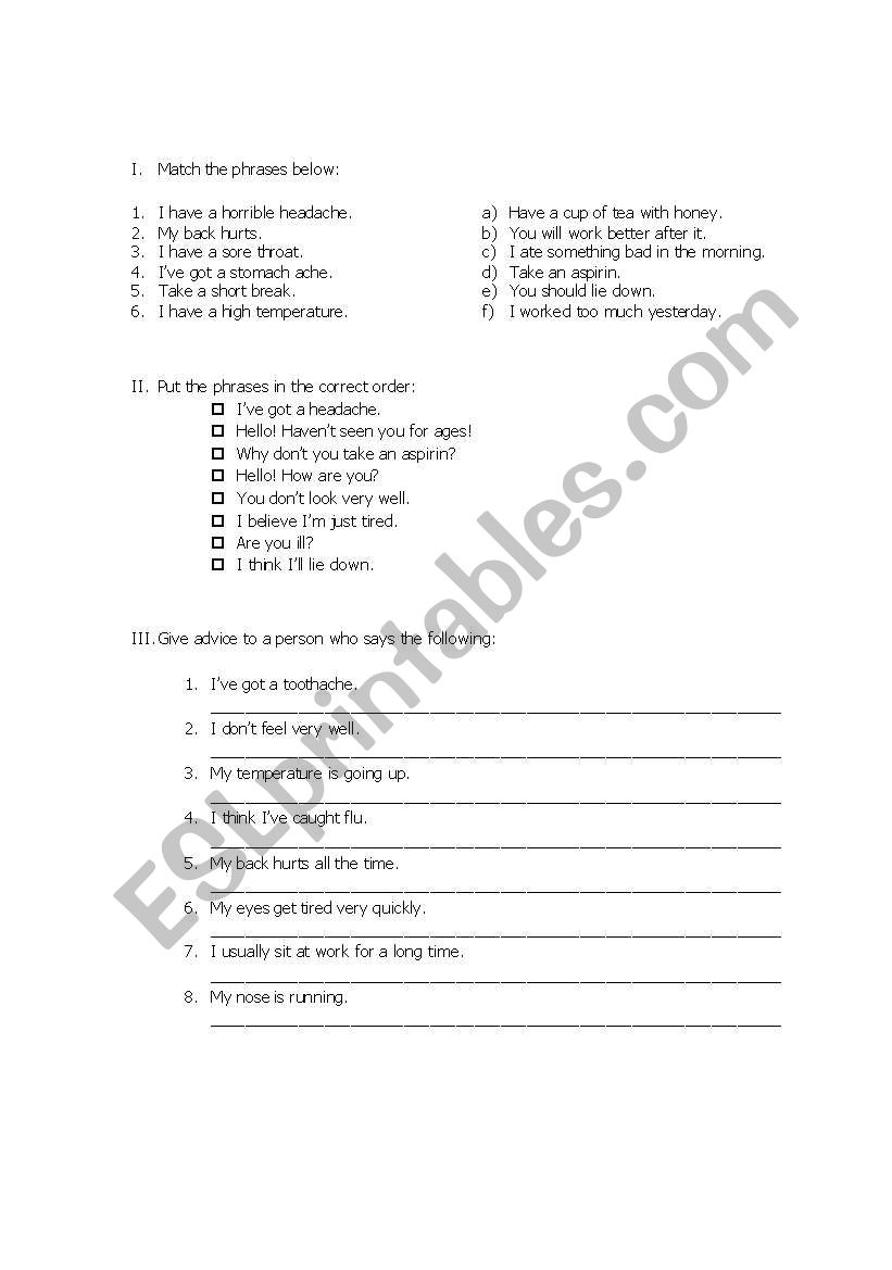 Health worksheet from busy teachers