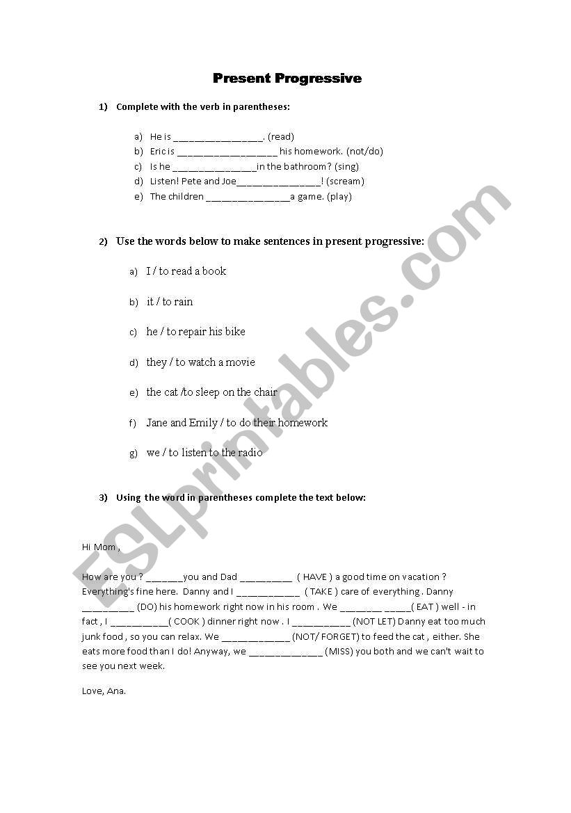 Presen Progressive exercises worksheet