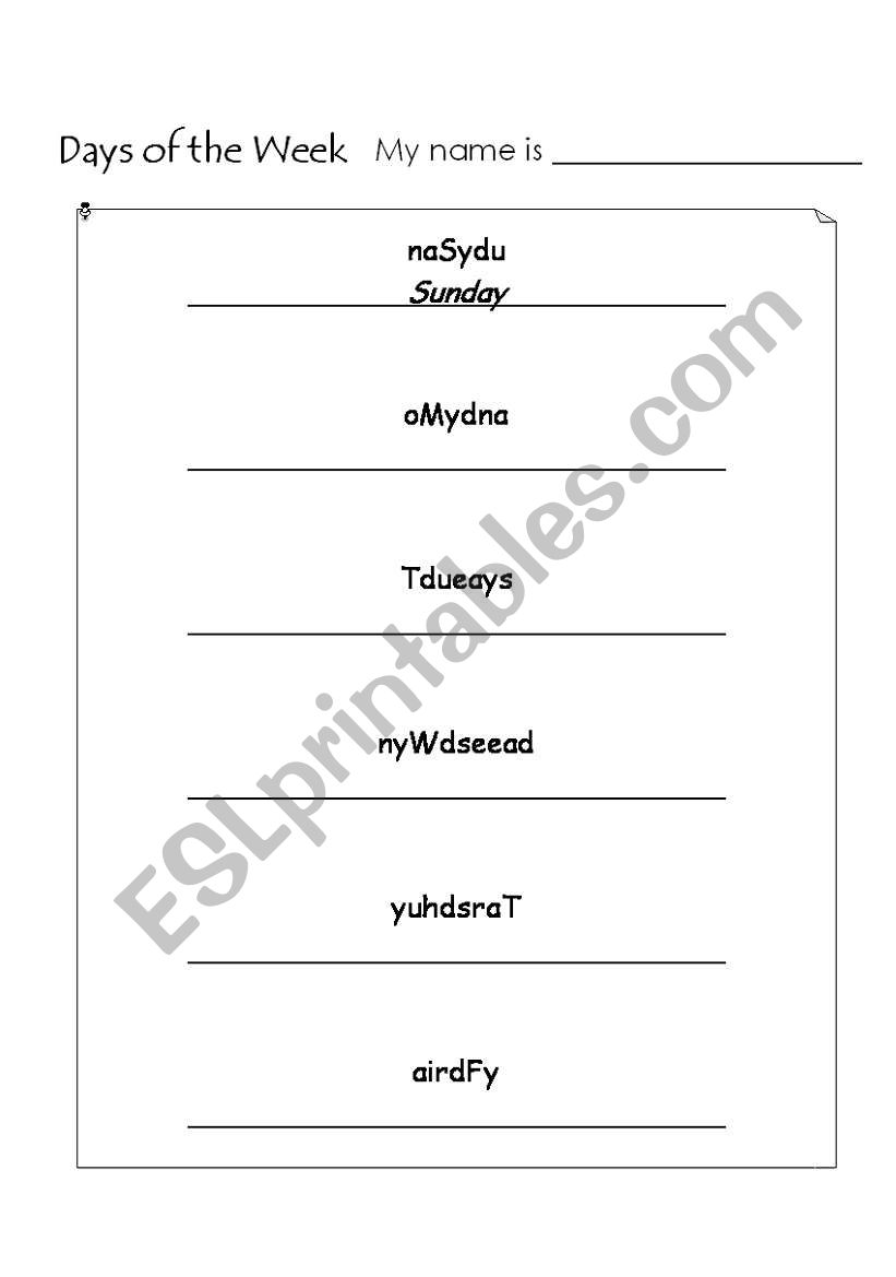 Days of the week puzzle worksheet