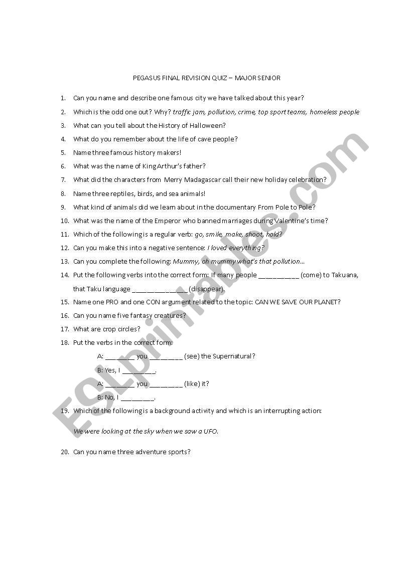 revision Quiz questions worksheet
