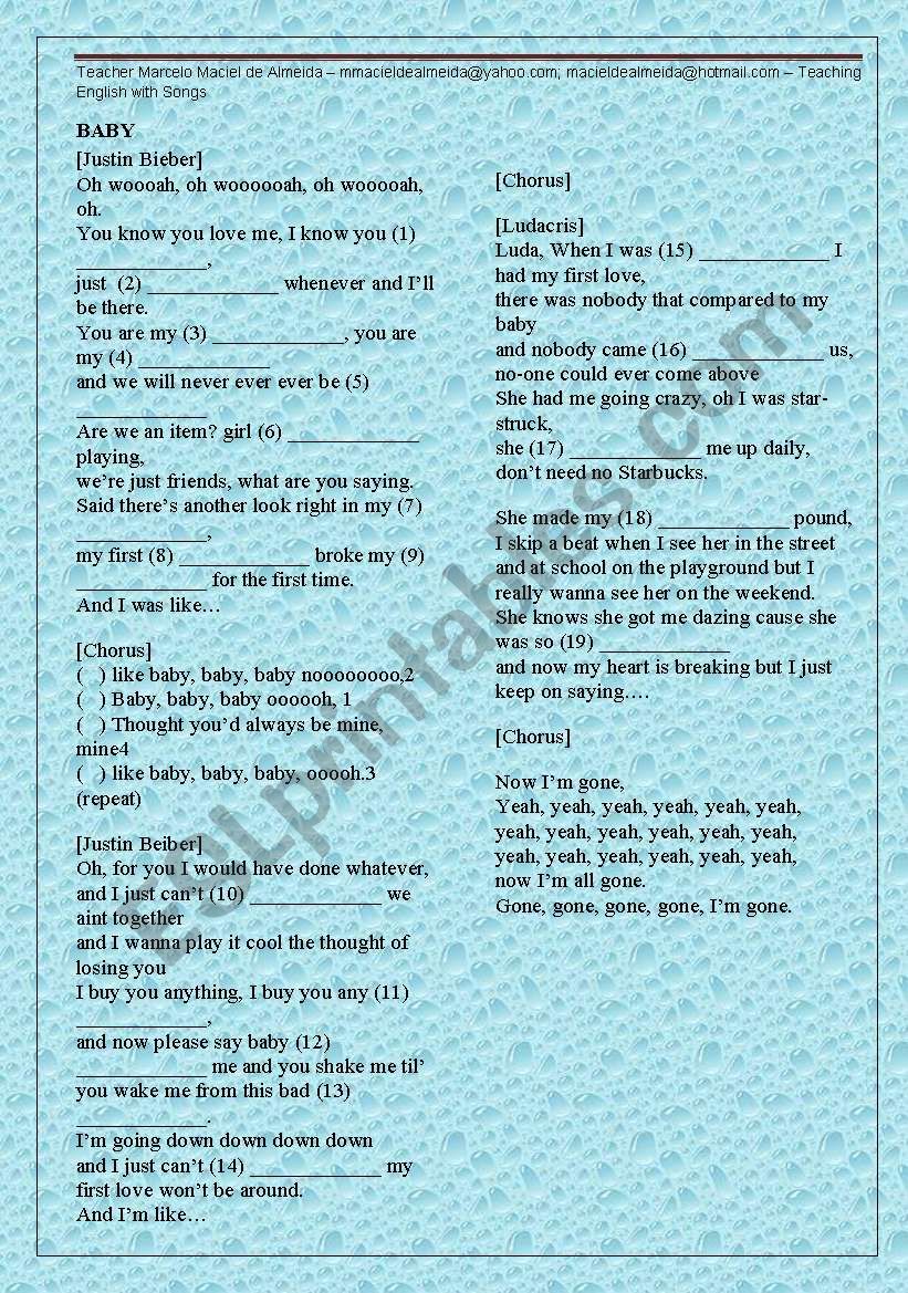 Baby By Justin Bieber Upper Intermediate Esl Worksheet By Marceloenglishteacher