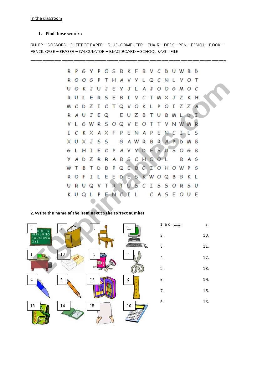 Classroom items worksheet