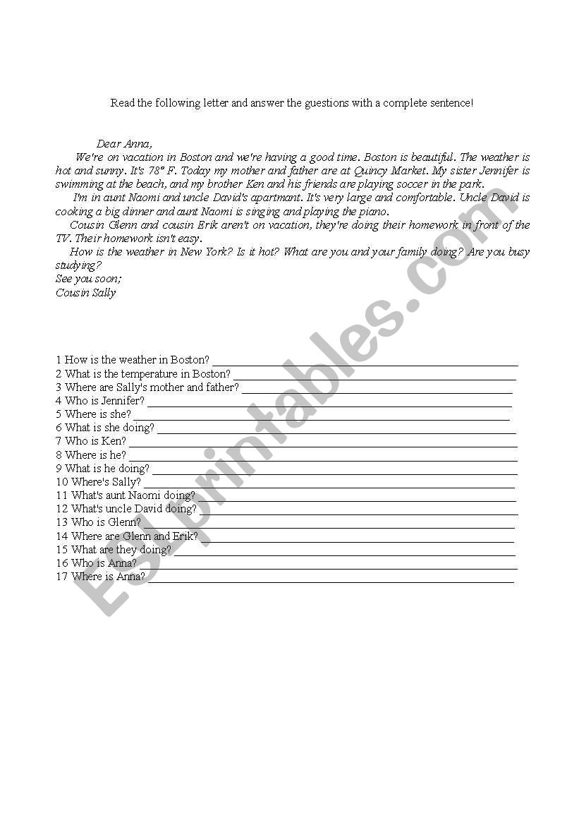 Sallys Letter worksheet