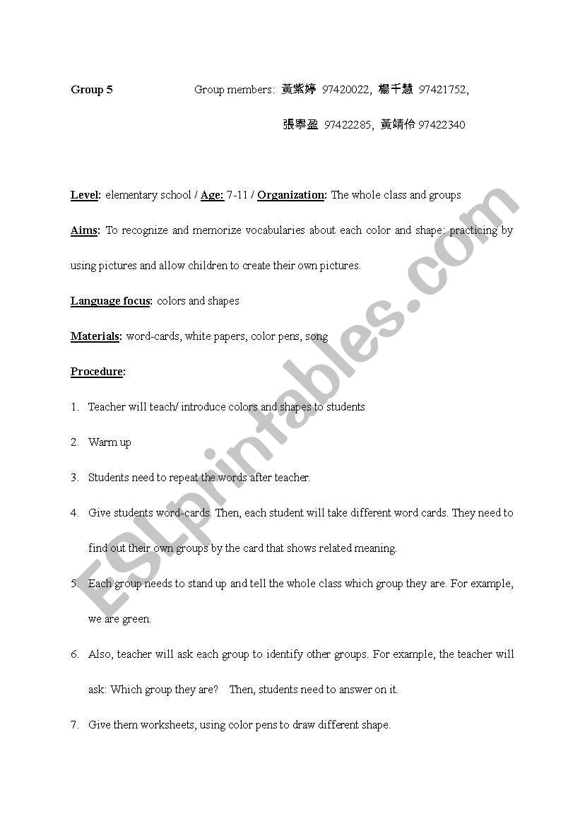 Lesson plan-colors and sharps worksheet