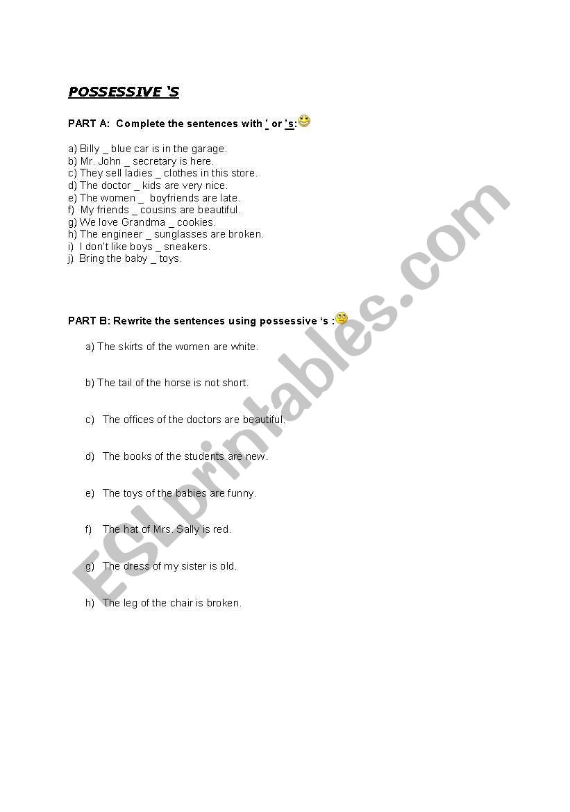 Possessive  s worksheet