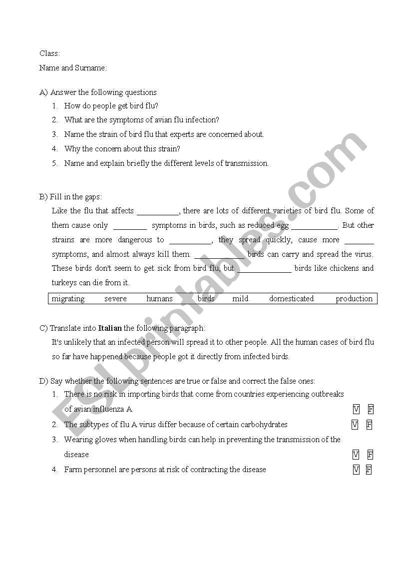 Avian Influenza Skills-Check worksheet