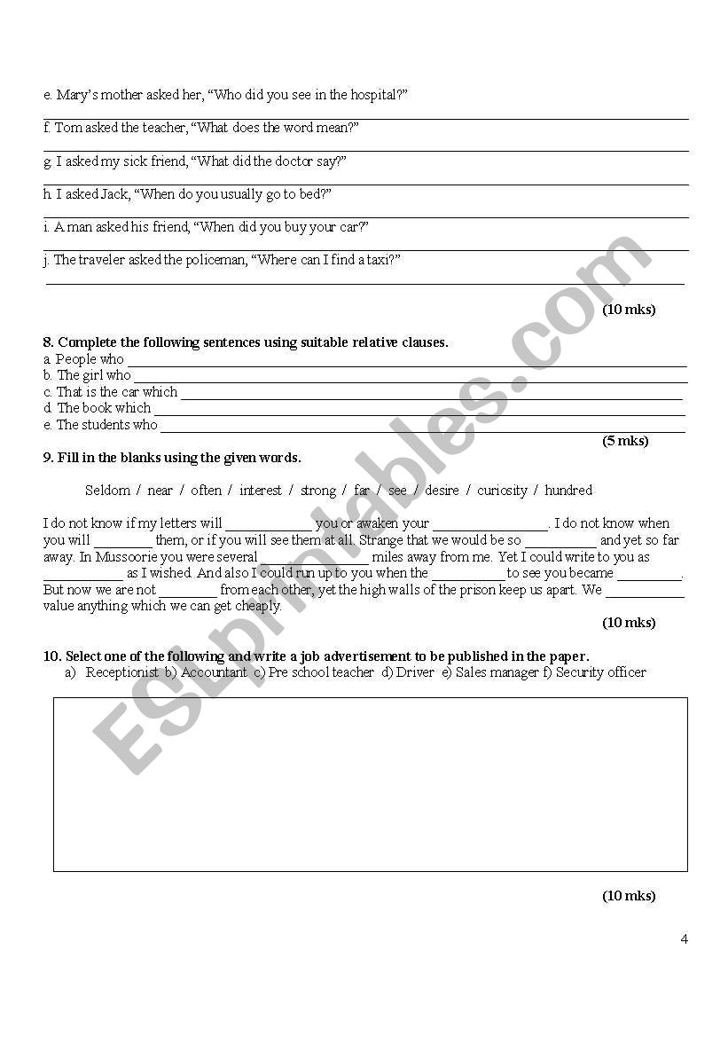 english worksheets english test paper for the students in grade 9