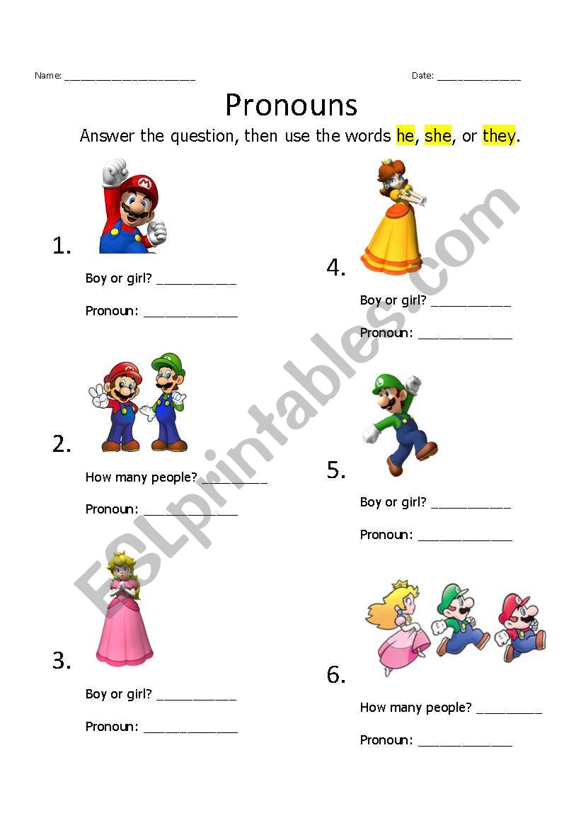 Pronouns: he, she, or they? worksheet