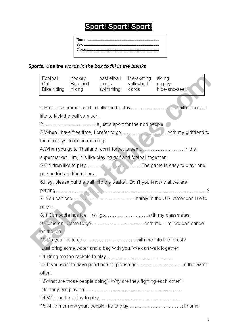 sports worksheet