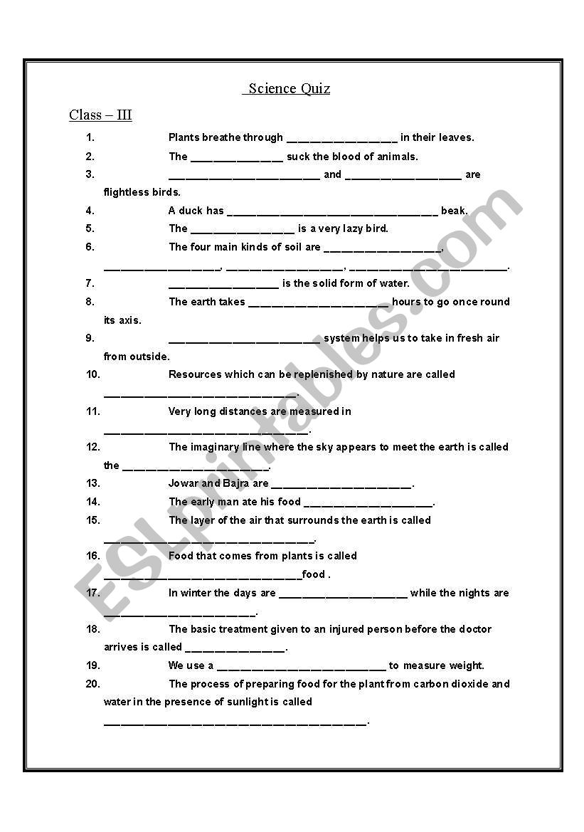 science quiz worksheet