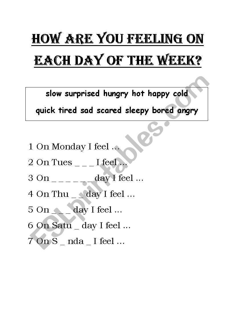 feelings and days of the week worksheet