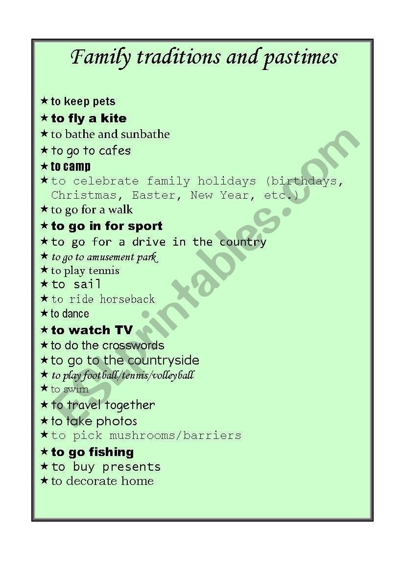 English worksheets: Family traditions and pastimes.