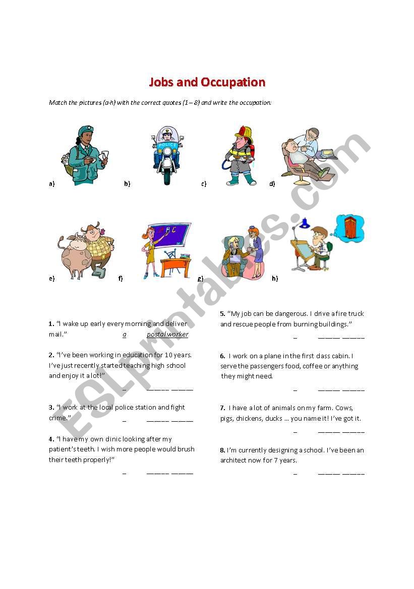 Jobs and Occupation matching worksheet
