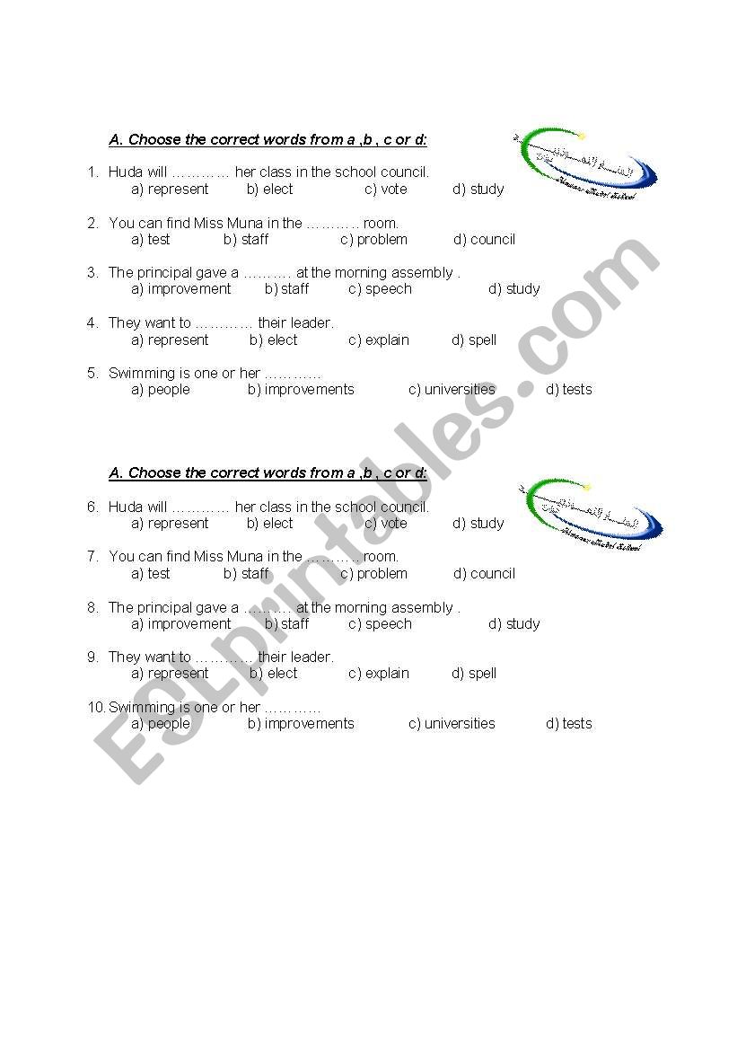 vocabulary multible choice worksheet