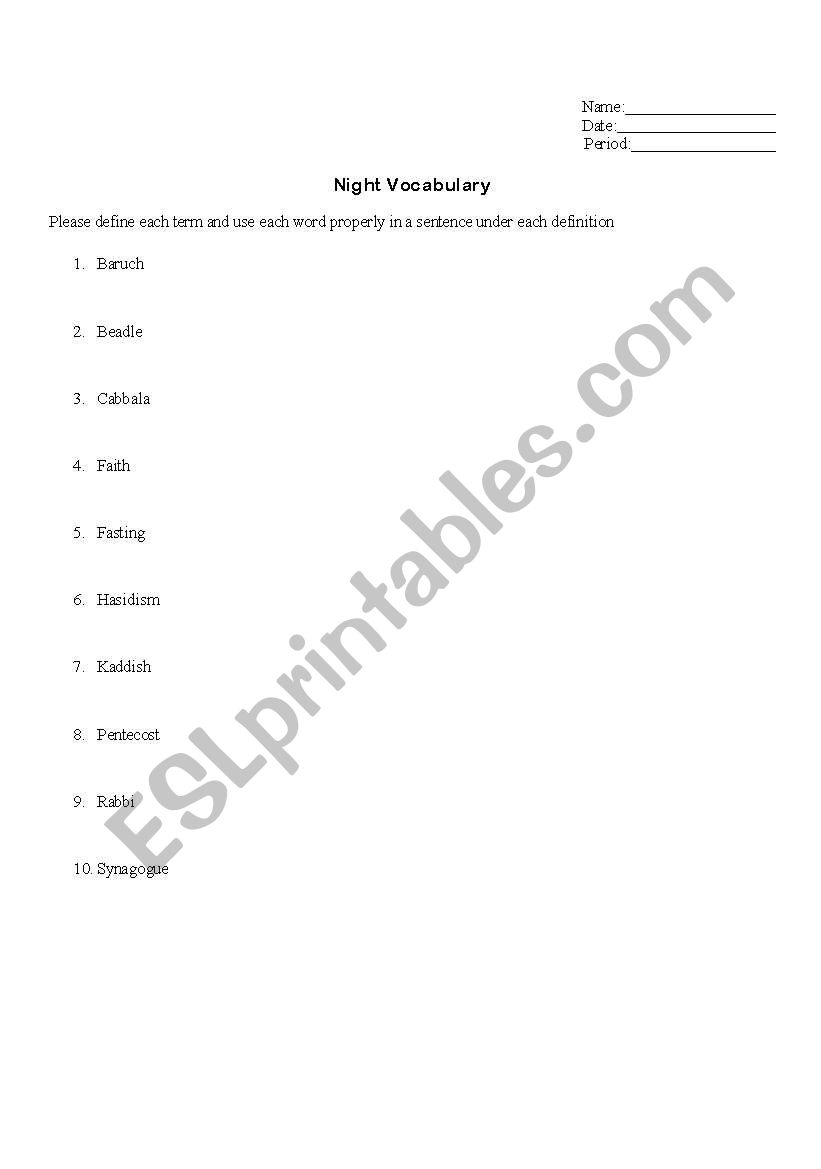 Night Vocabulary #1 worksheet