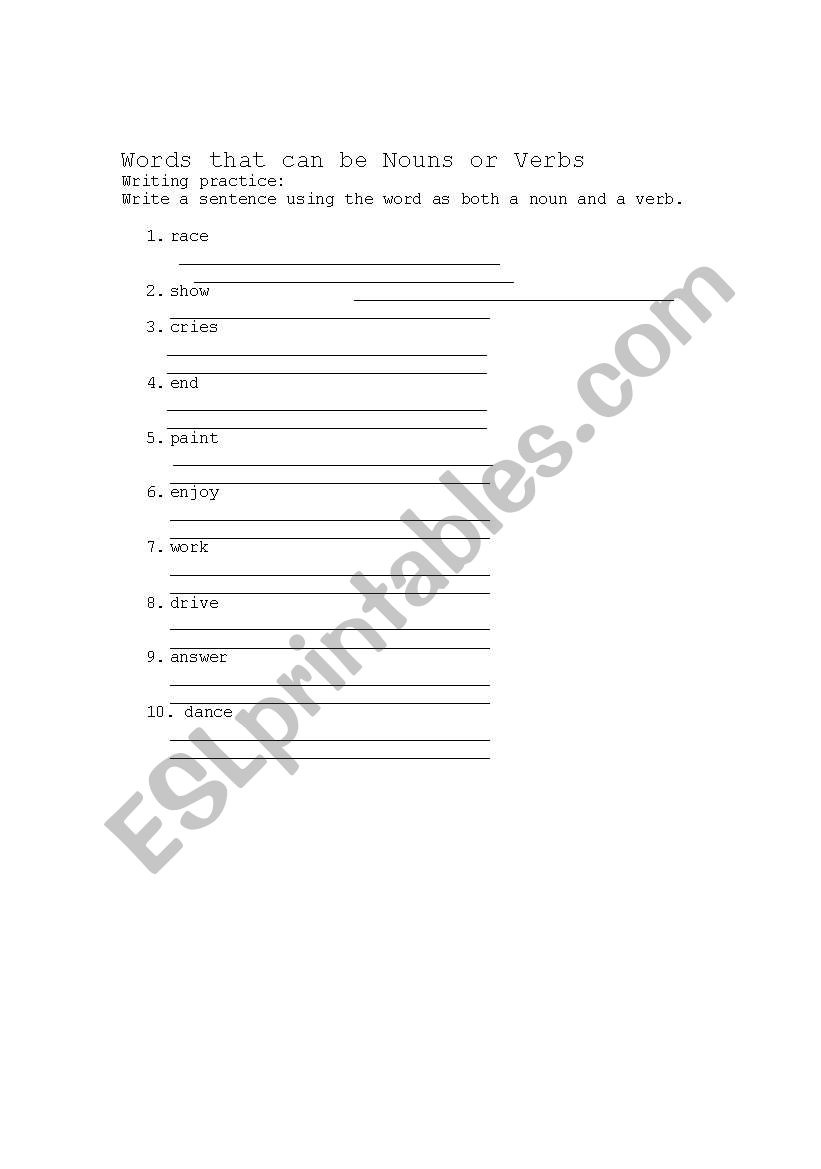 Noun words that can be verbs worksheet