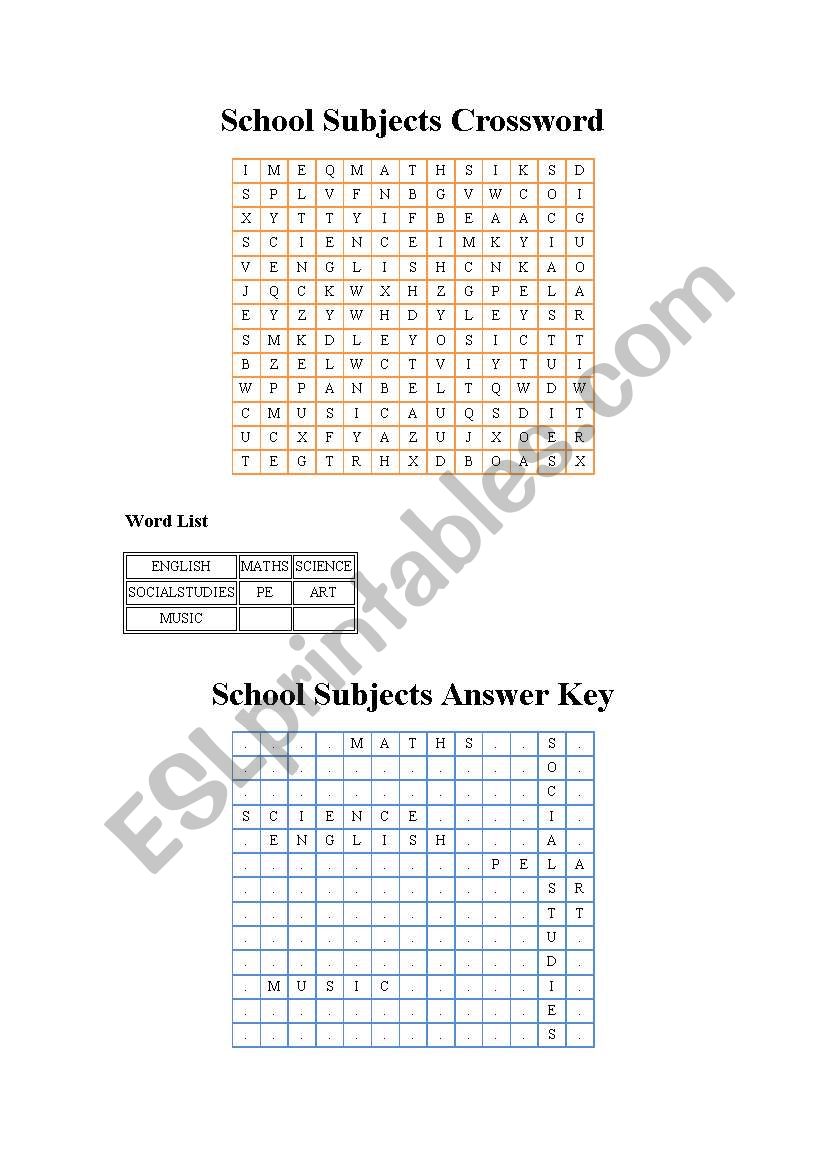 School Subjects Crossword worksheet