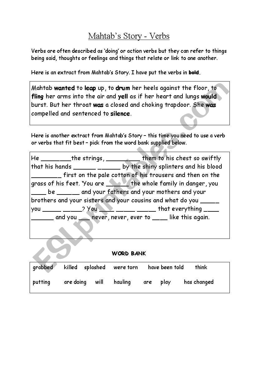 Mahtabs story - verb worksheet