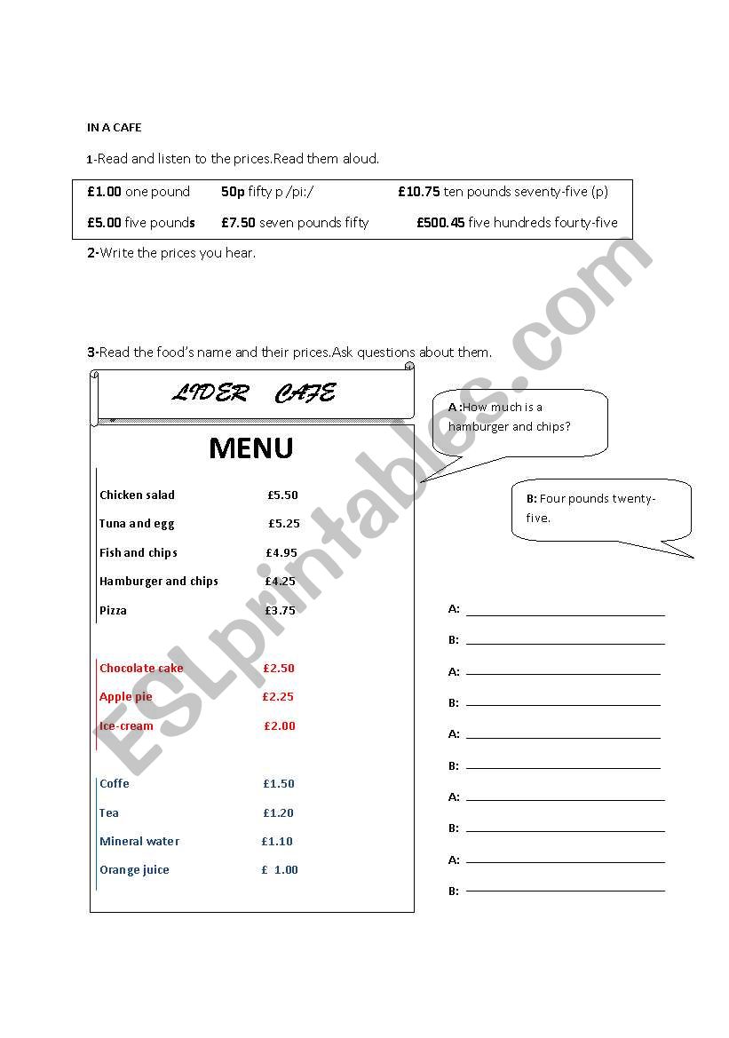 English Worksheets Food And Prices