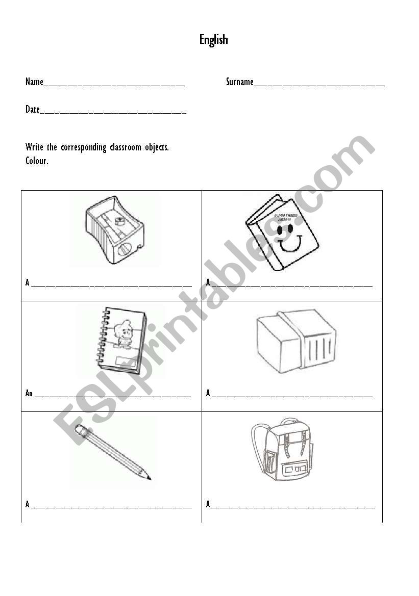 Classroom objects worksheet