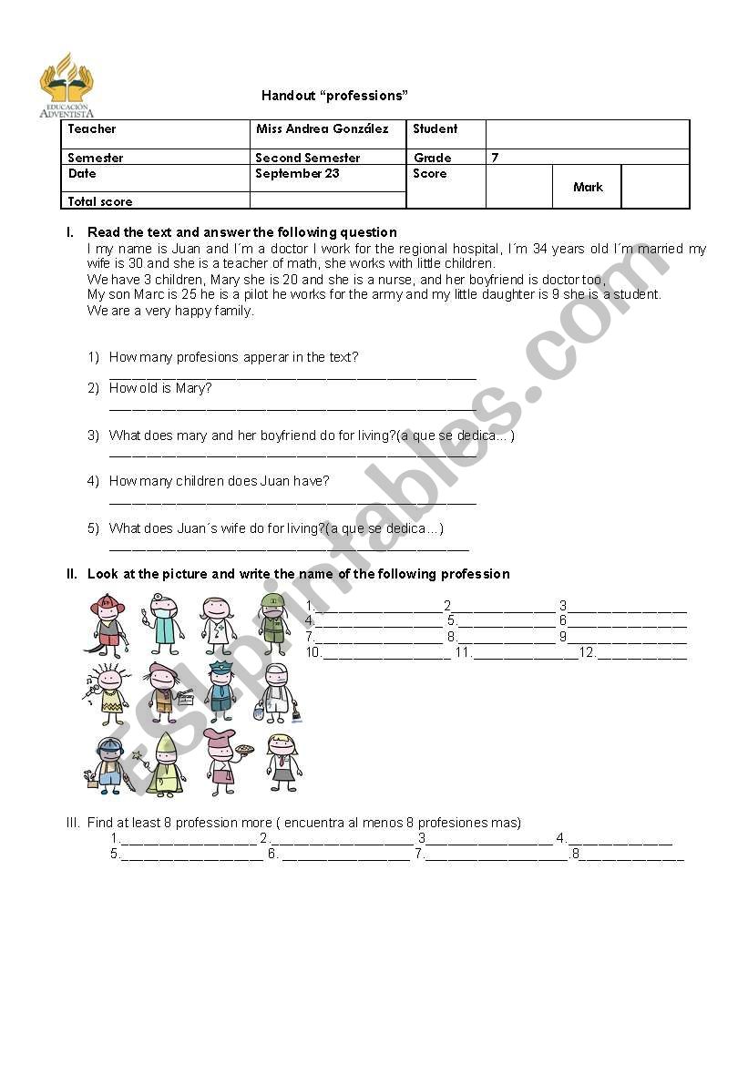 professions worksheet