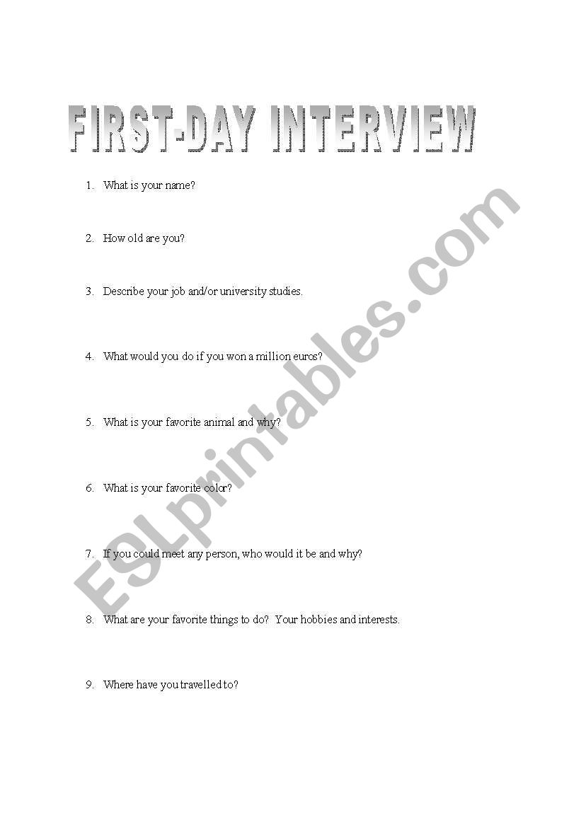 First Day Interview worksheet