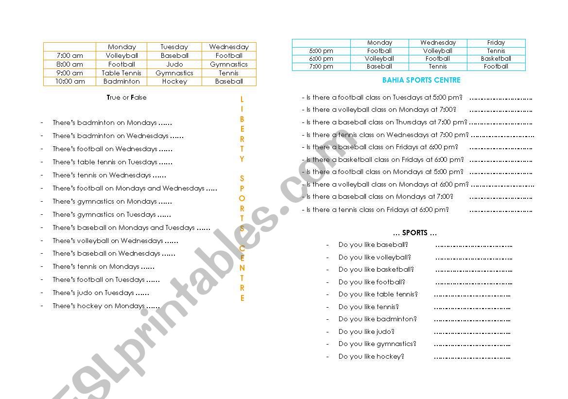 At the sports centre worksheet