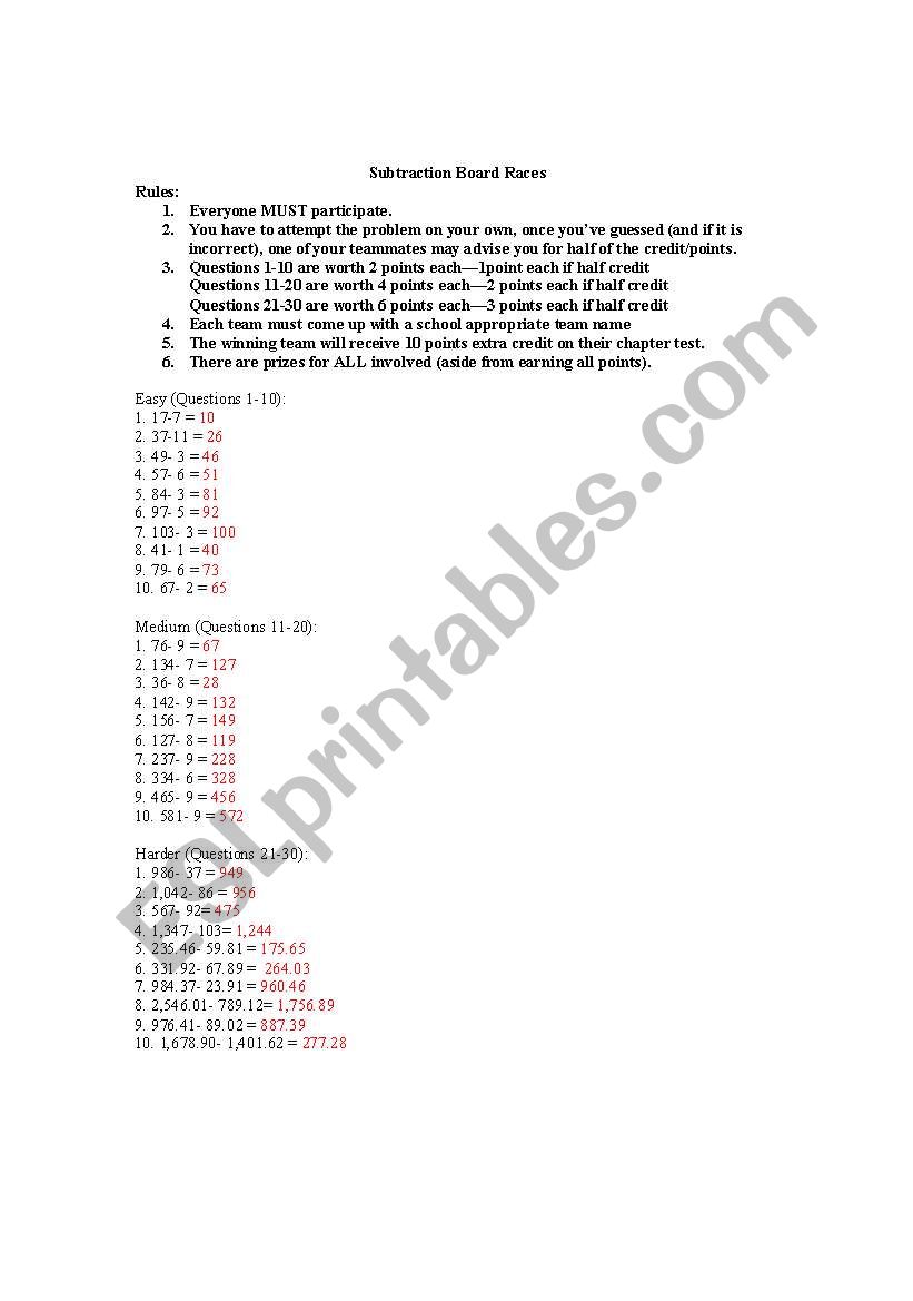 Subtraction Board Races worksheet