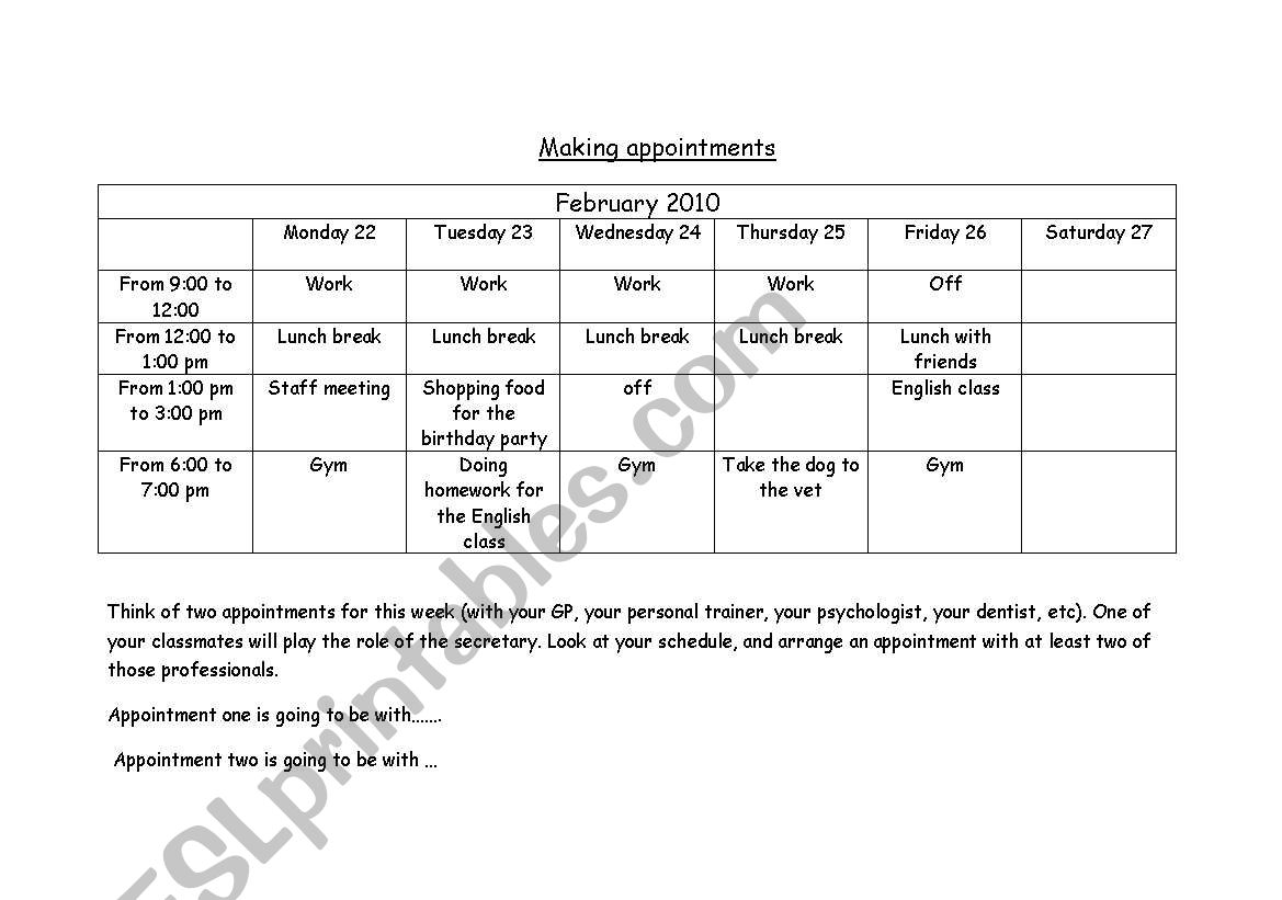 Making appointments worksheet