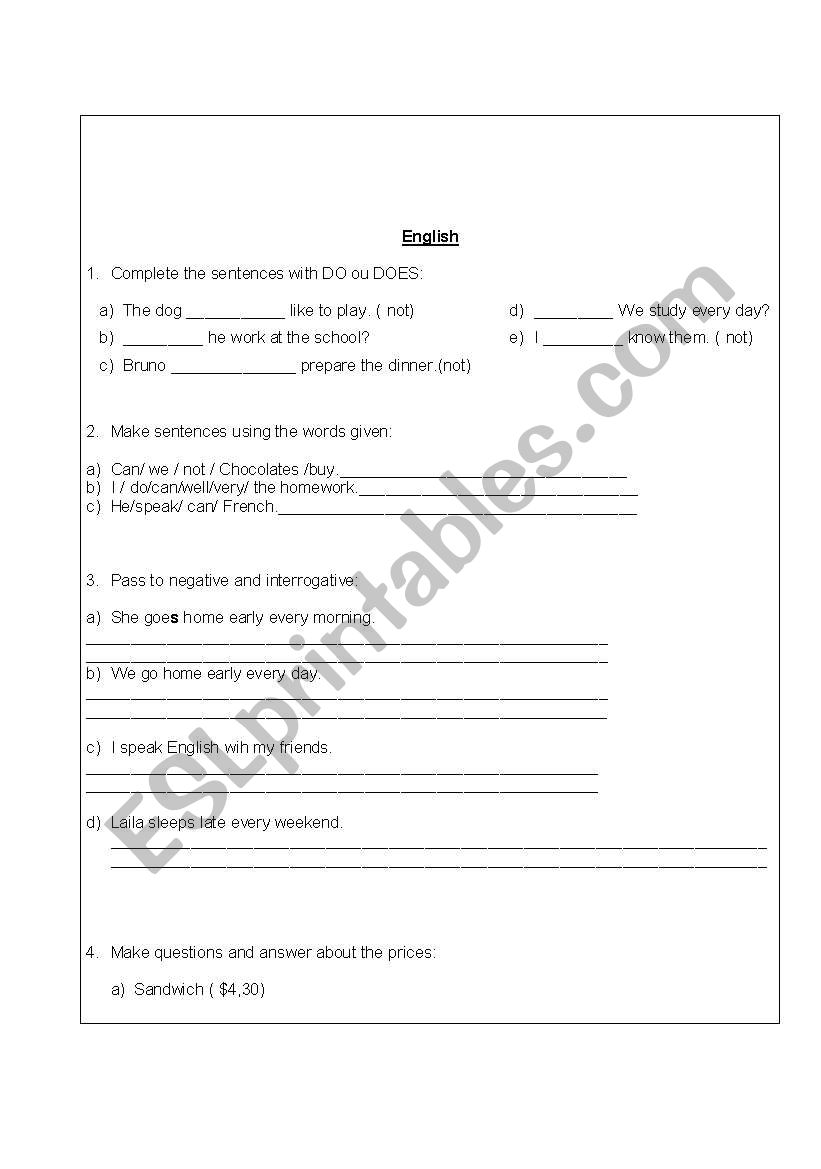 Present simple and prices worksheet