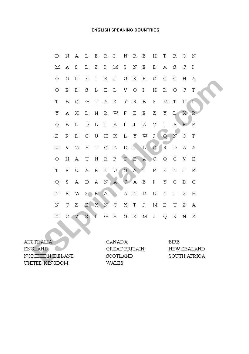 ENGLISH-SPEAKING COUNTRIES WORDSEARCH